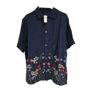 Gap Button Down Short Sleeve Shirt Embroidered Floral 100% Linen Navy Blue Sz M